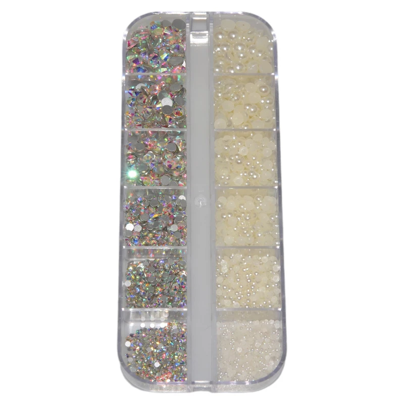 

Hot Selling Mix Size Half Pearl Crystal AB Nail Rhinestones Super Shinny Glass For Nail Decoration