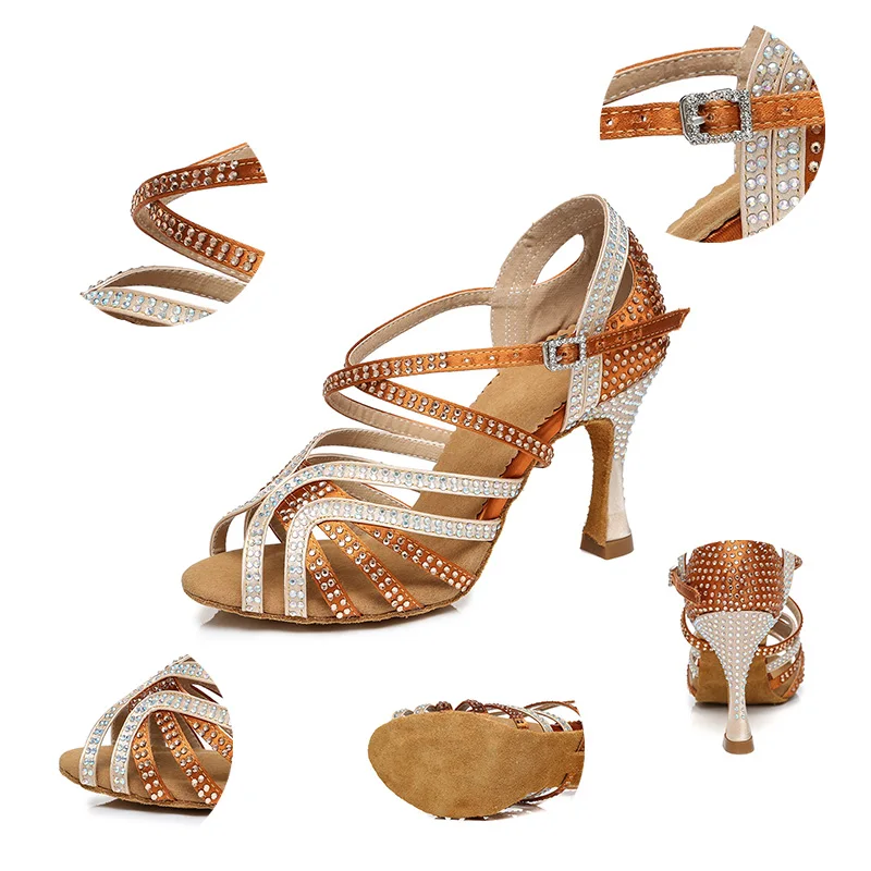 DKZSYIM Rhinestone Latin Dance Shoes Women High Heels Ballroom Waltz/Tango/Jazz Snakers Soft Soles Party Dance Sandals Shiny