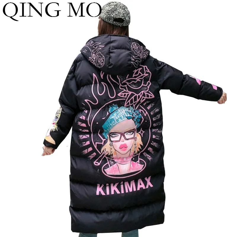 QING MO черные белые розовые женские парки с капюшоном женские красивые куртки с напечатанным рисунком зимнее плотное теплое хлопковое Стеганое пальто ZQY2355