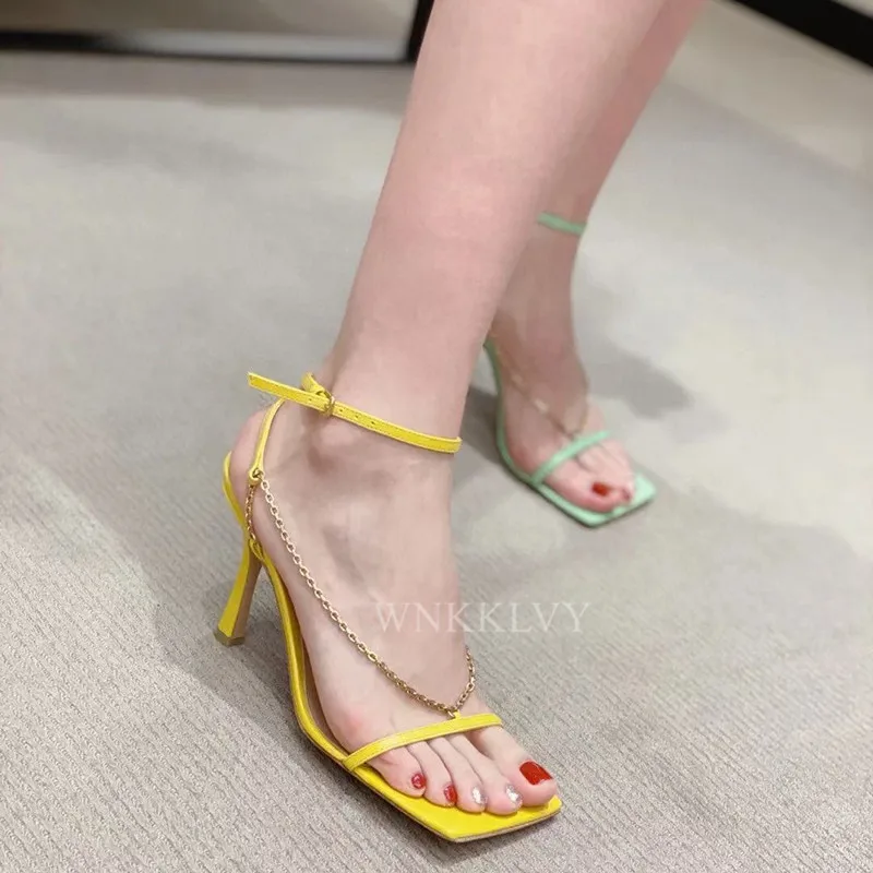 

Runway Square Toe Thin High Heel Chain Sandals Women Narrow Band Ankle Strap Candy Color Sandalias Summer Sexy Party Dress Shoes