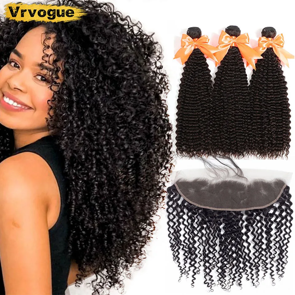 

Kinky Curly Bundles With Frontal Closure Free Part 3/4 Pcs Malaysian Human Hair Bundles with 13x4 Lace Frontal Remy Hair Vrvogue