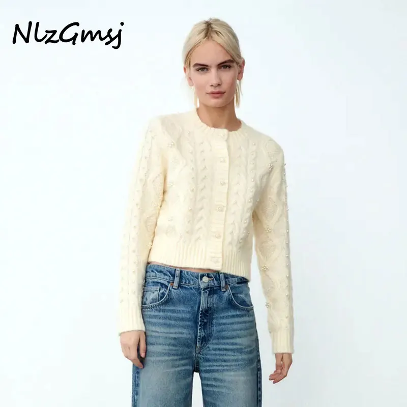 

Женский свитер с помпонами Nlzgmsj Za 2021, вязаный Укороченный кардиган с аппликацией, свитер с длинным рукавом, женская верхняя одежда, шикарные ...