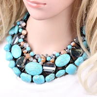 hahatoto womens handmade necklace imitation turquoise and crystal beads knitting statement choker necklace bib chunky jewelry