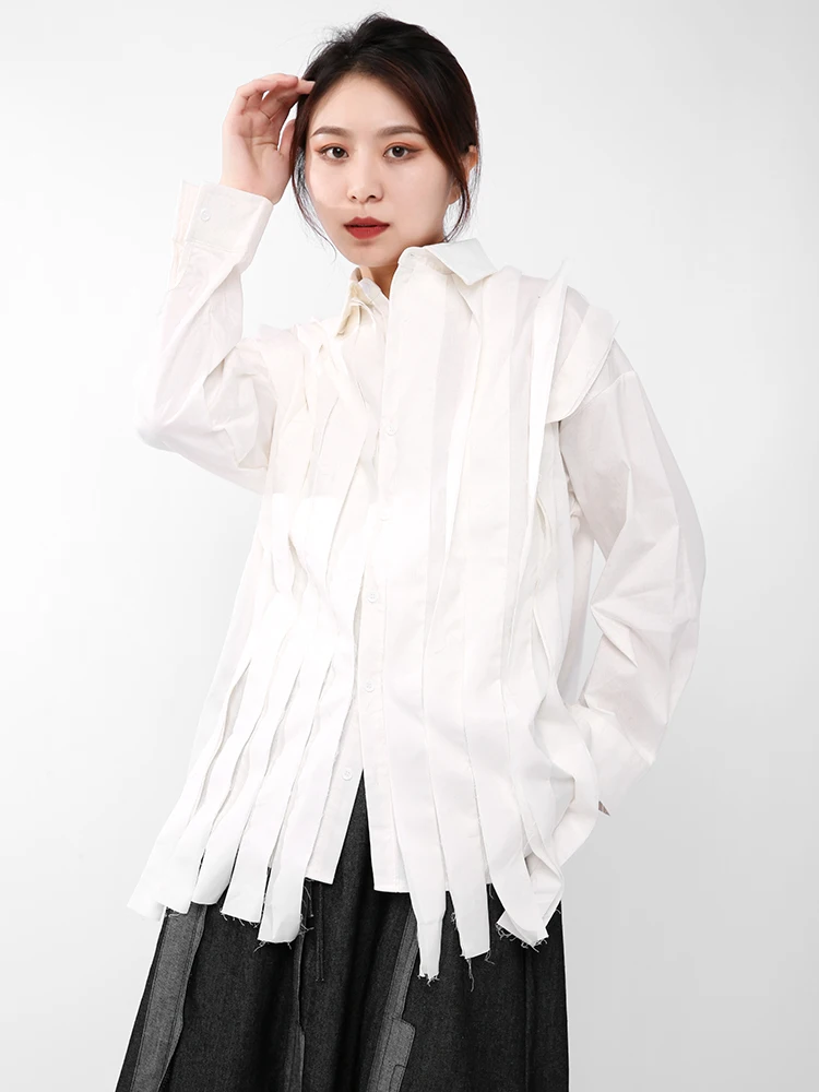 

[EAM] Women White Ribbon Casual Big Size Blouse New Lapel Long Sleeve Loose Fit Shirt Fashion Tide Spring Autumn 2021 1T70100