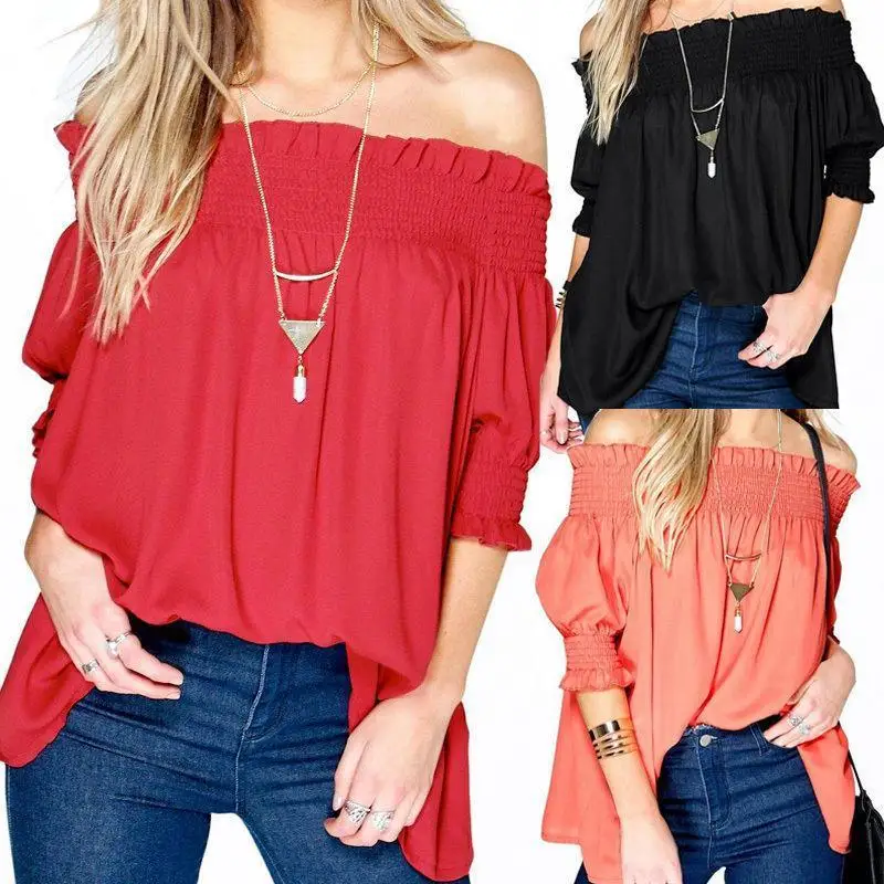 

Summer New Tops Women Sexy Loose Off Shoulder Shirts Short Sleeve Ladies Top Pleated Tops Tee T-Shirt For Women Summer Wear