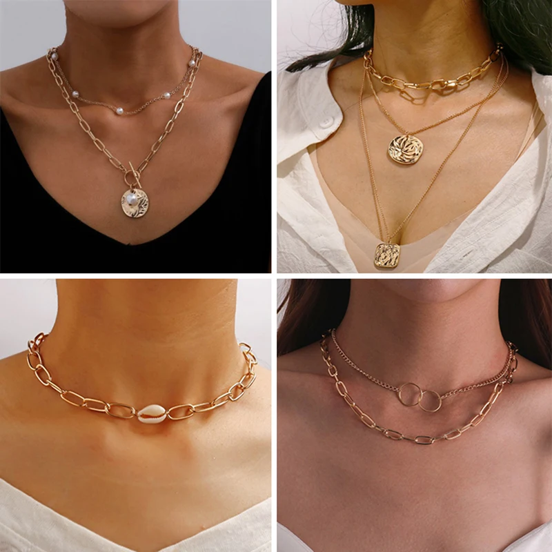 Ожерелье чокер женское в готическом стиле длинная цепочка золотого цвета с