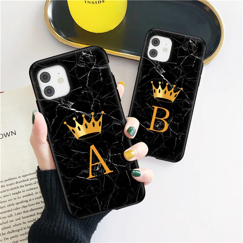 Soft Silicone Black Marble Crown Letter Fashion Phone Case For iPhone 11 12 Pro Max 12 Mini Shockproof Case Soft TPU Back Cover