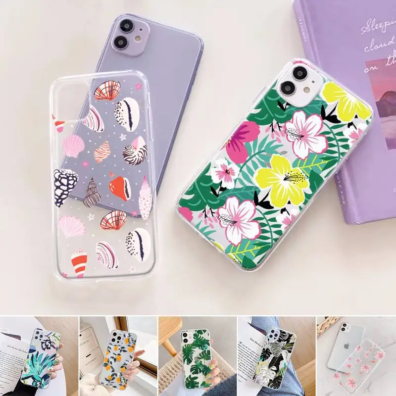 

Fashion Colorful Flower Leaves Conch Phone Case For iphone 12 11 mini x xs xr pro max 8 7 6s 6 5 5s 5c se plus Transparent soft