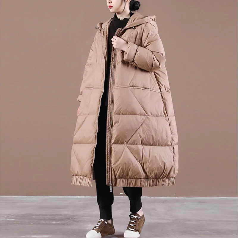 

90% White Duck Down Jackets Woman Solid Color Down Coat Female Plus Size Women's Long-Sleeved Hooded Zipper Warm Jacket Overcoat