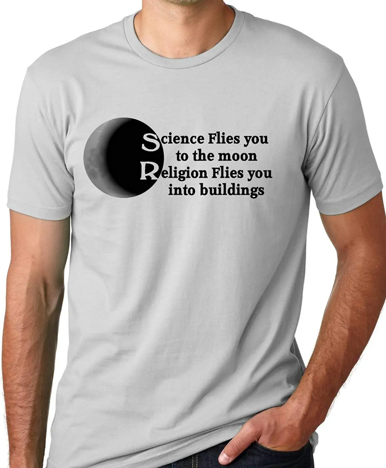 

Science Flies You To The Moon Religion Into Buildings Atheist T-shirt Short Sleeve Men T Shirt Tops Tee Summer Plus Size