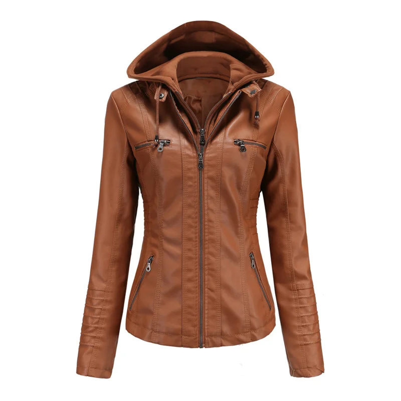 

Кожаные куртки с капюшоном, куртка из двух частей со съемным кожаным пальто, Женское пальто из искусственной кожи, весна-осень 2021