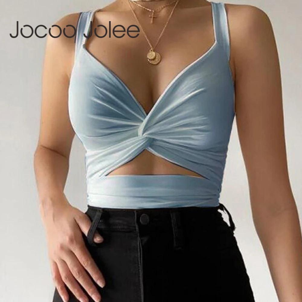

Jocoo Jolee Elegant Corset Top Sexy V Neck Hollow Out Lace Up Bandage Tanks and Camis Women Summer Solid Harajuku Crop Tops