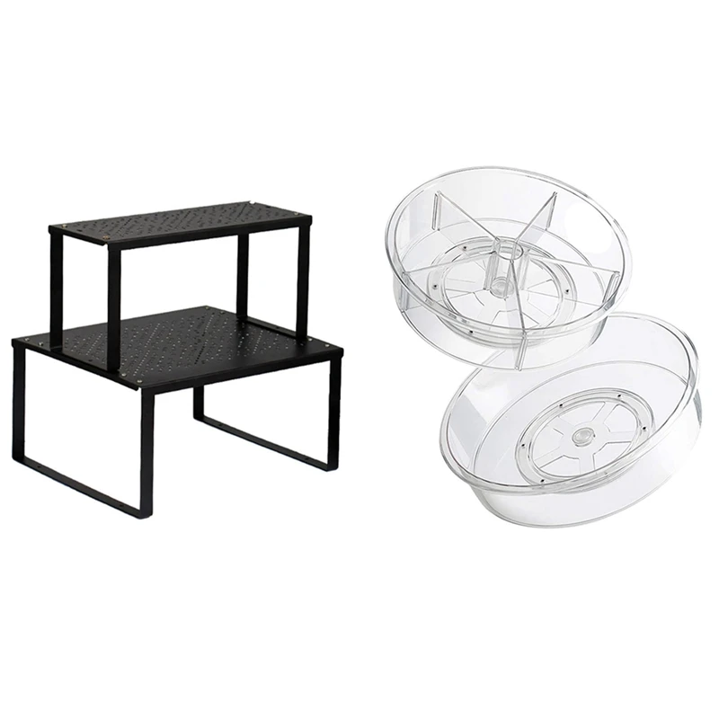 

1 Set Spice Rack Cabinet Shelf Organizers & 1 Set Turntable Spice Rack,13.8 Inch Clear Plastic Cabinet Organizer
