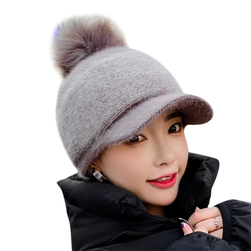 Women Winter Thick Warm Fuzzy Knit Beanie Cap with Visor Bill Cute Pompom Cold Weather Windproof Skullies Baseball Cap