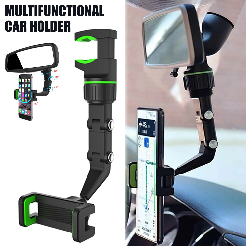 Car Phone Holder Multifunctional 360 Degree Rotatable Auto Rearview Mirror Seat Hanging Clip Bracket Cell Phone Holder for Car