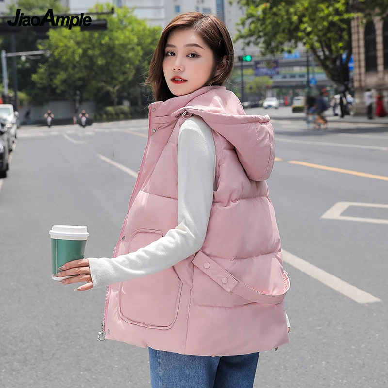 2021 Autumn Winter Cotton Vests Women Korean Sweet Student Casual Hooded Sleeveless Jacket Coats Lady Fashion Joker Pink Outwear