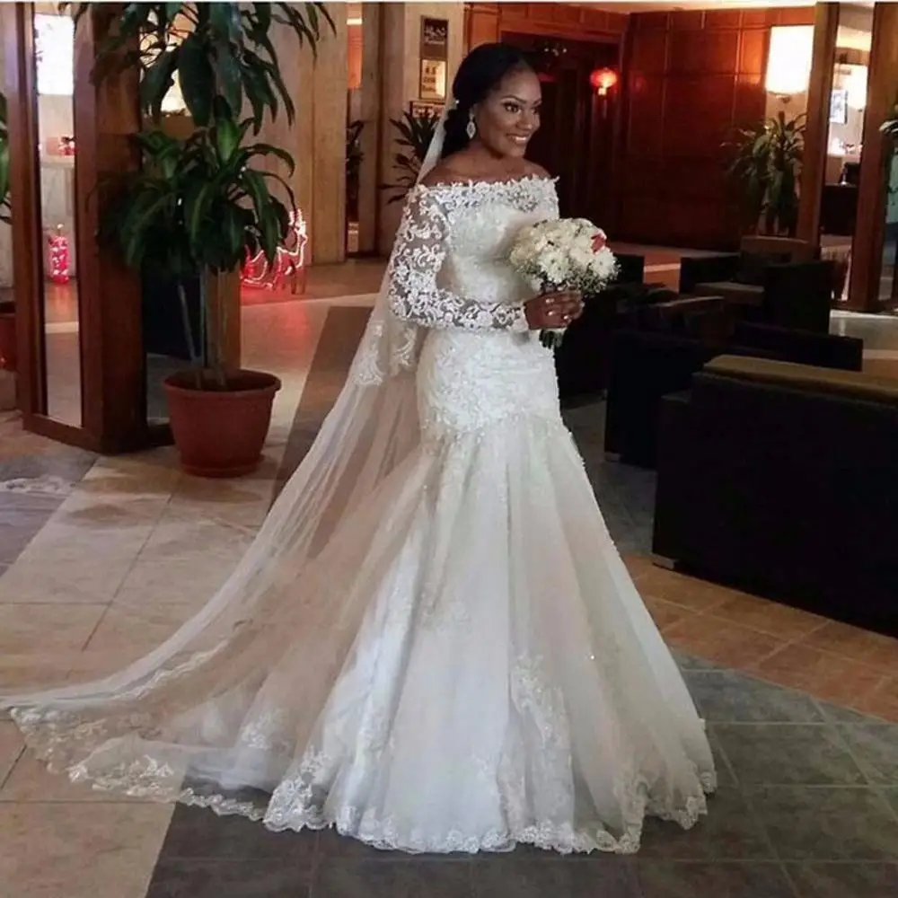 

Off The Shoulder Lace Wedding Dress Boat Neck Long Sleeve Wedding Bridal Gown Long Mermaid Vestido De Noiva Wedding Dress