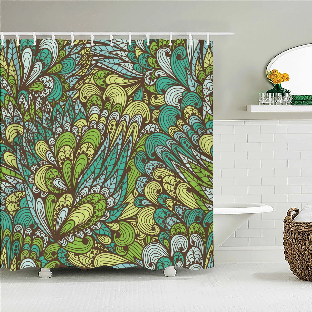 

Занавеска для душа из ткани с цветами и перьями, водонепроницаемая, с геометрическими фигурами, для ванной, с крючками