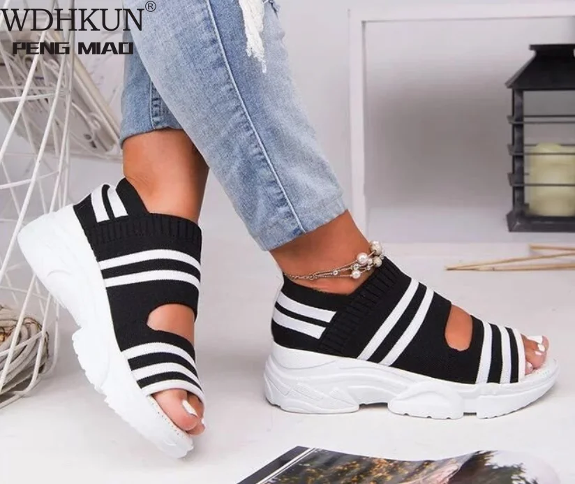 

2020 Summer Women Sandals Open Toe Wedges Platform Ladies Shoes Knitting Lightweight Sneakers Sandals Big Size Zapatos Mujer
