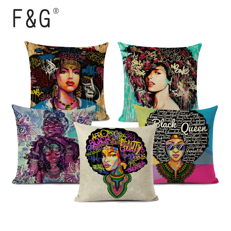 

African Women's Cushion Cover Beautiful African Girl's Head Decorative Pillows Cover Linen Square Home Decor Pillowcase