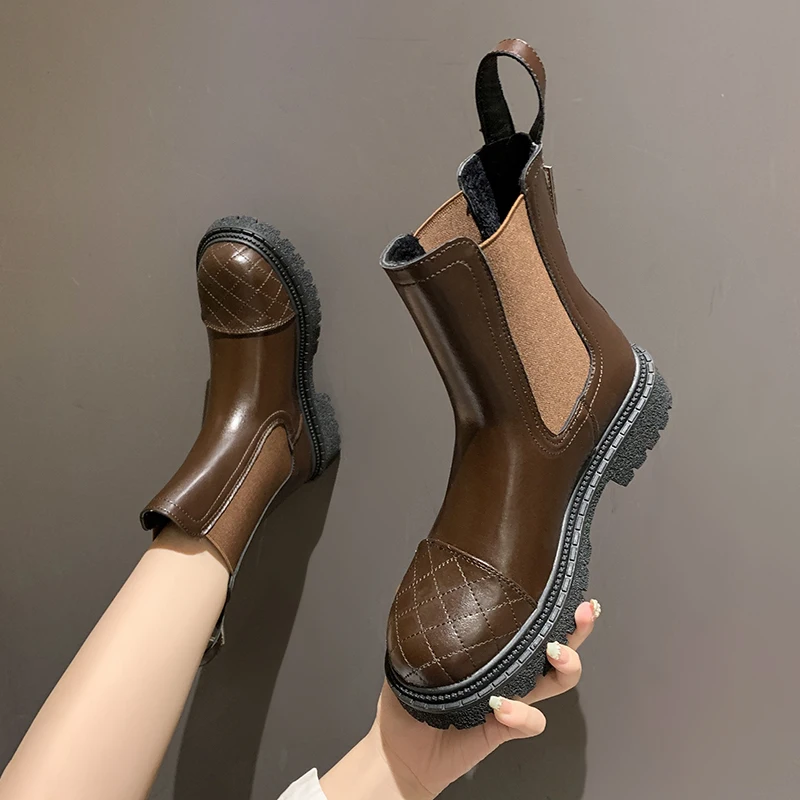 

2021 Winter New Women's Fashion Boots Thick Heel Retro Ankle Boots Women Pu Leather Platform Boots Martin Boots Femmes Bottes