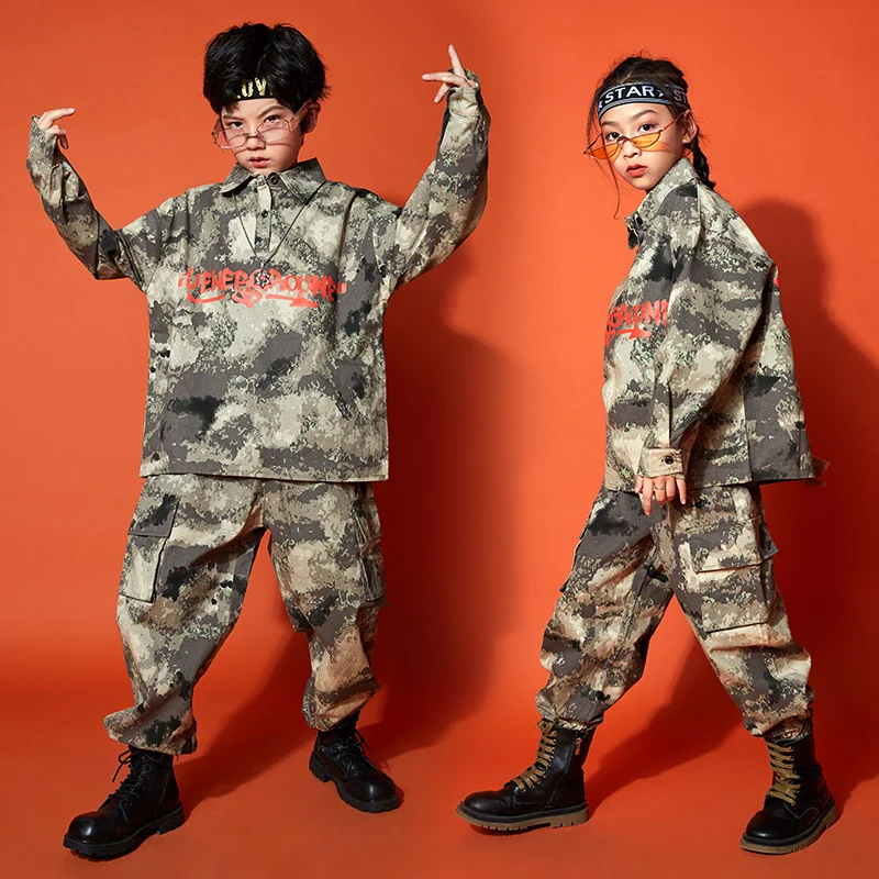 

2021 Children Jazz Dance Costumes Long Sleeve Camouflage Hiphop Suit Boys Girls Modern Dance Hip Hop Clothes Stage Wear DQS6763