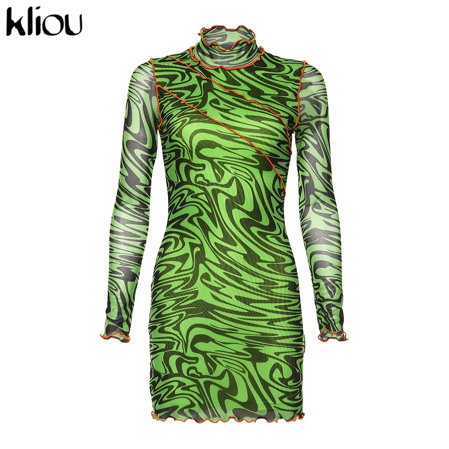 Kliou Fall Sexy Club Dresses women Fashion Print High Neck ruffles Long Sleeve Mini slim Bodycon Dress sexy mesh fabric