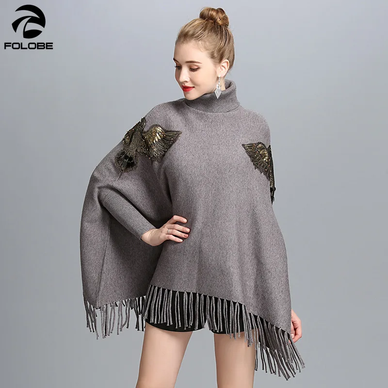 

2020 Spring Autumn Long Knitted Women Eagle Appliqued Sweater Fashion Long Batwing Sleeves High Neck Stole Tassel Poncho