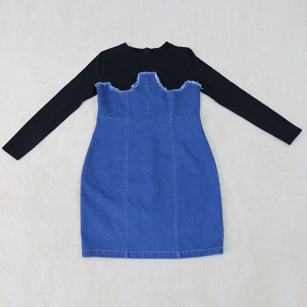 

Elegant Patchwork Denim Mini Women Dress 2021 New Fashion Sexy O Neck Long Sleeve Bodycon Club Party Dress Women Robe Femme