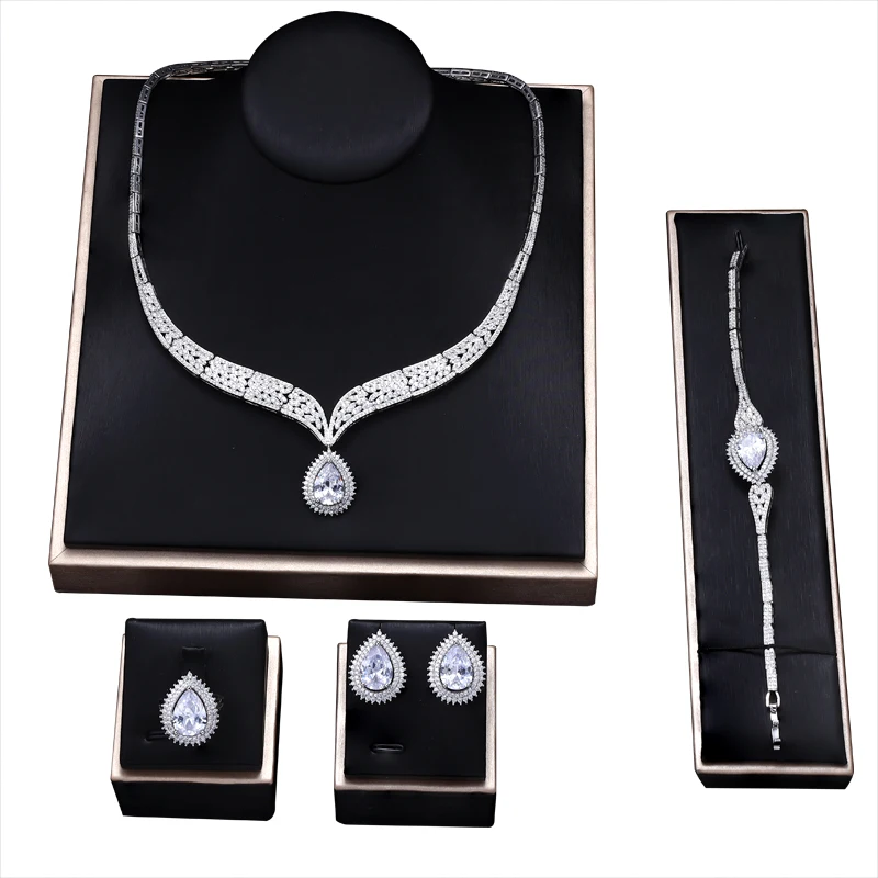 

Water Drop Big Luxury Zirconia African Jewelry Set Nigerian Wedding 4pcs Necklace Earring Set aretes de mujer