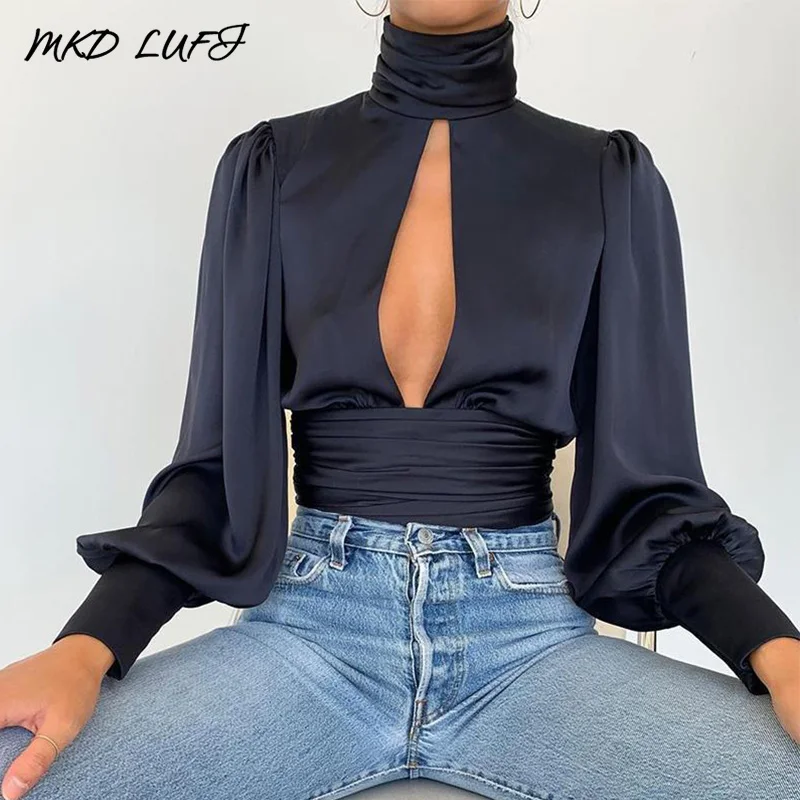 Сексуальный вырез капля открытая спина с длинным рукавом Женская блузка Топы