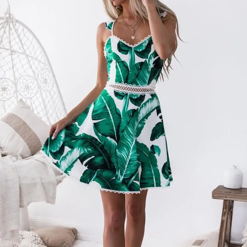 Женское платье с открытой спиной кружевное мини-платье без рукавов принтом