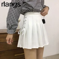 rulangs summer autumn pleated skirt women 2021 new all match drawstring jupe preppy style solid color a line high waist skirt