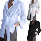 Модная женская офисная Повседневная Однотонная рубашка с отложным воротником и завязкой на талии, бандаж на пуговицах