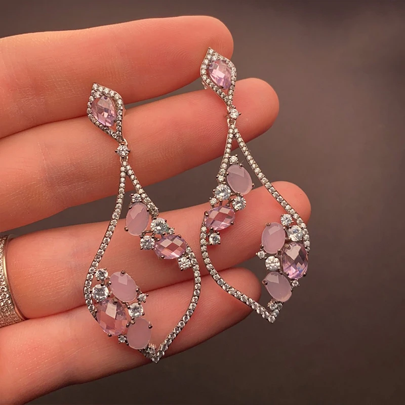 

Geometric Inlaid Pink Women's Heart Shaped 925 Silver Earrings 210319-34