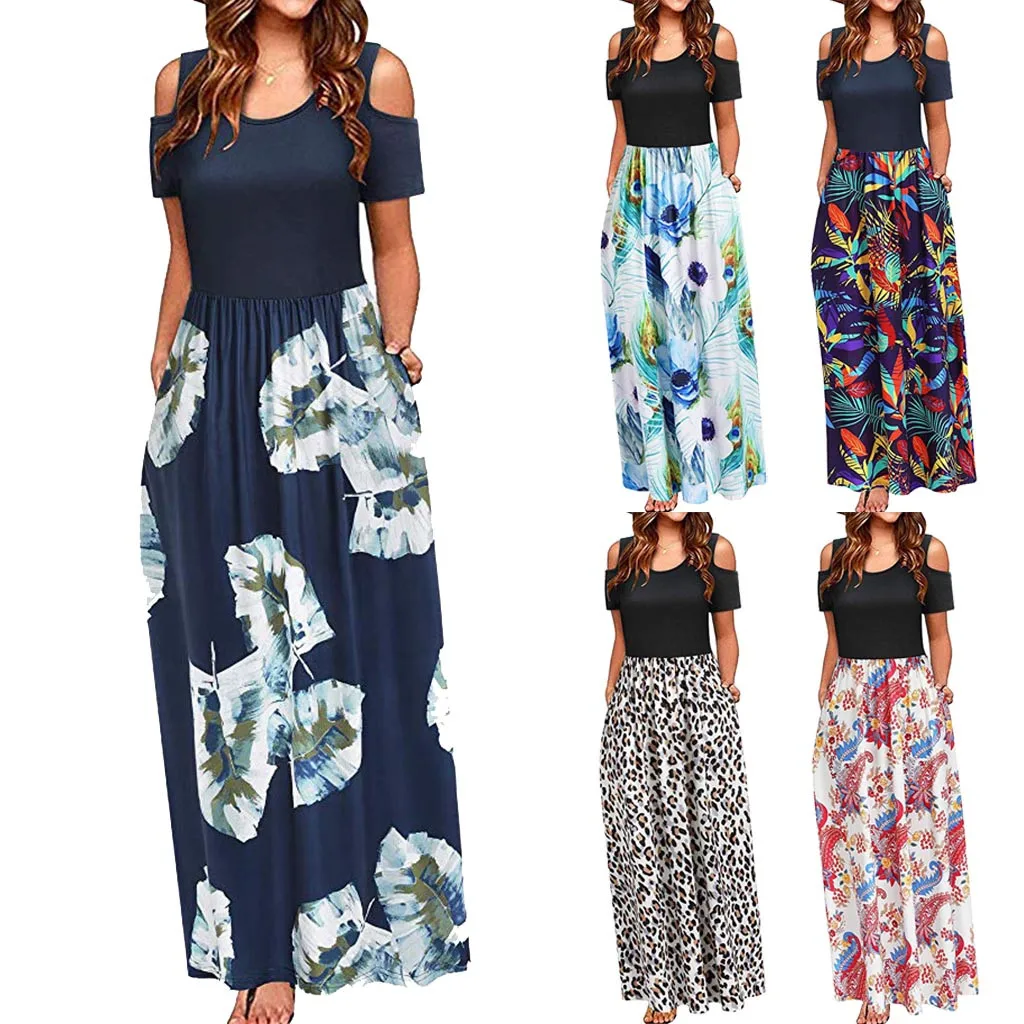 

ZOGAA Women Dress Ladies Summer Fashion Cold Shoulder Floral Print Elegant Maxi Long Dress Pocket Casual Dress Beach Sundress