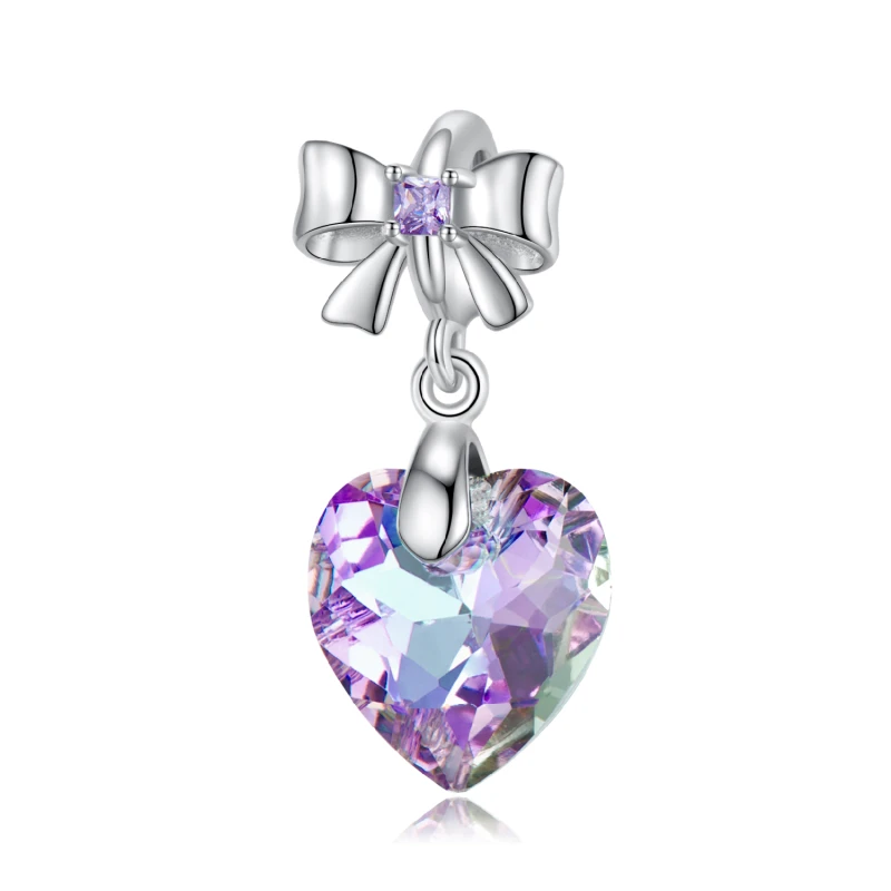 

AIE 925 Sterling Silver Purple Birthstone Crystal Pendant Bowknot Charm for Bracelet Women Fashion Neckalce DIY Jewelry Gift
