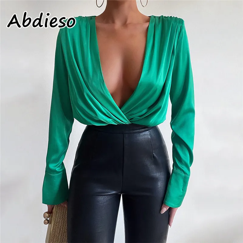 

Abdieso Sexy Deep V Neck Women Blouses 2021 Green Ruched Autumn Winter Elegant Long Sleeve Tops Casual T Shirts Fashion
