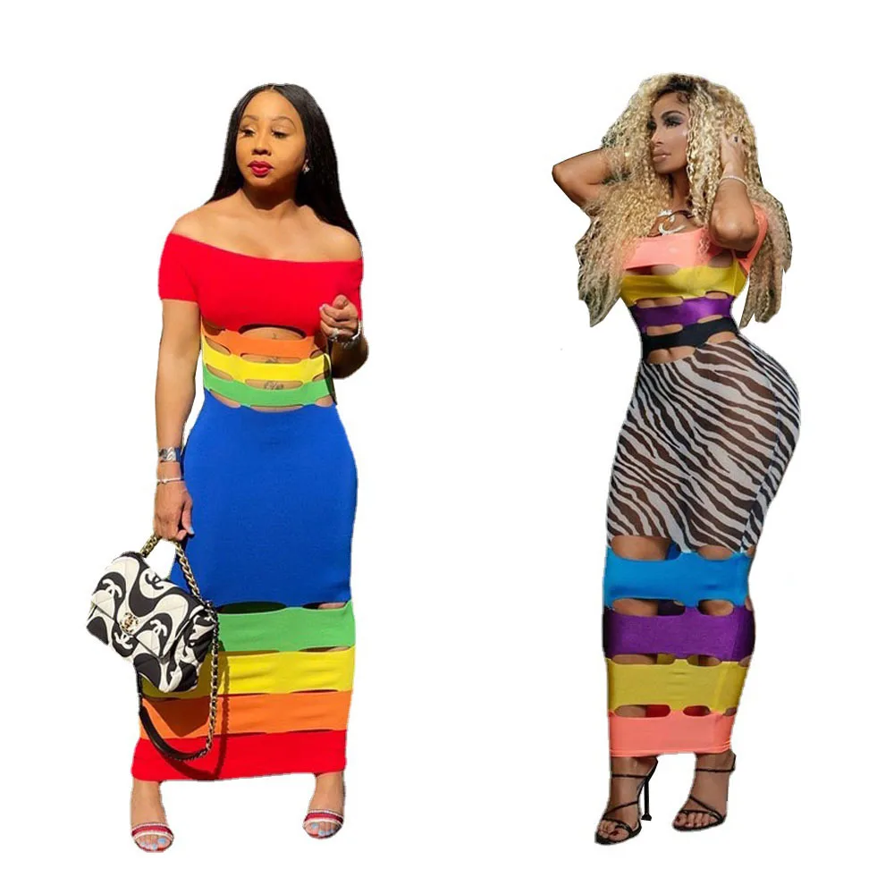 Женское вечернее платье с радужным принтом ажурное лоскутное вырезом лодочкой и