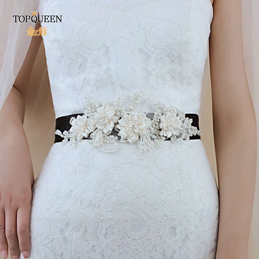 TOPQUEEN, S346, пояс для невесты, стразы, цветок, жемчуг, лист, ткань, цветок, пояс для невесты, пояс для невесты с большим цветком из ткани