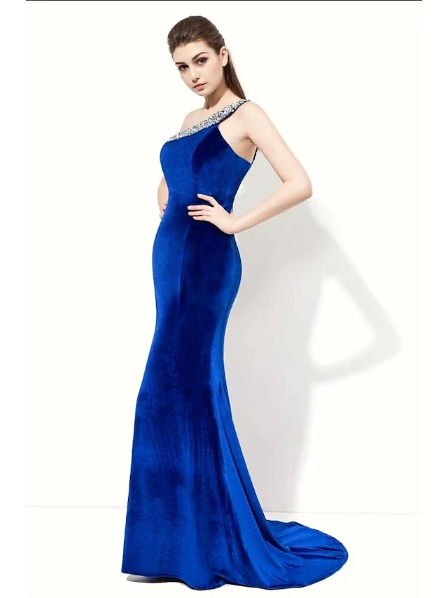 Женское вечернее платье-русалка длинное синее бархатное платье с одним открытым