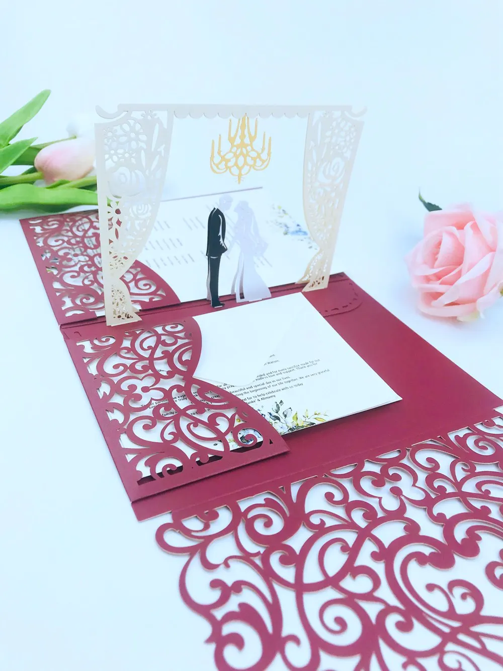 

50X 3D бордовый цвет слоновой кости Зеленый Черный Красный всплывающая Свадебная пригласительная открытка для невесты жениха лазерная резка Карманный индивидуальный принт rсвп