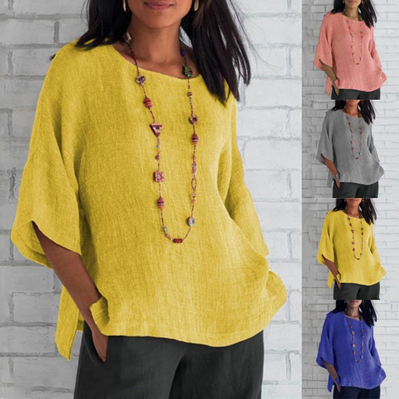 

New Women Three Quarter Sleeve Blouse Summer Female Casual Loose Solid Color Shirt Fashion Elegant O-Neck Office Lady Shirts