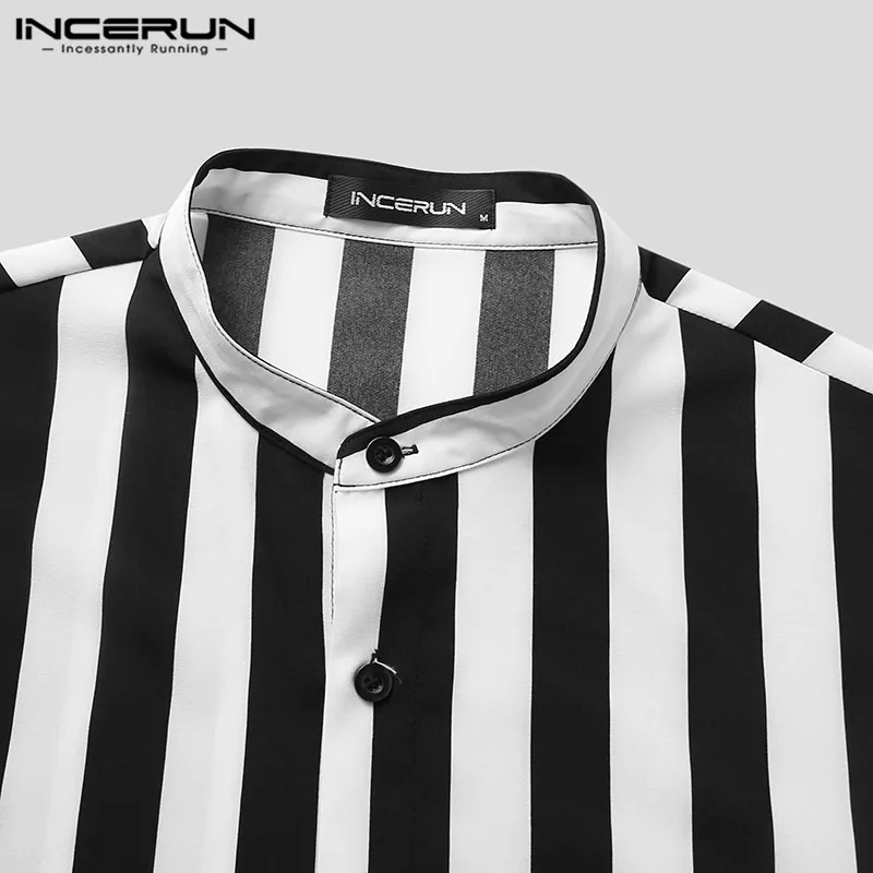 2022 Men Striped Shirt Brand Stand Collar Streetwear Short Sleeve Button Casual Camisa Hombre Leisure Fashion Tops INCERUN S-5XL