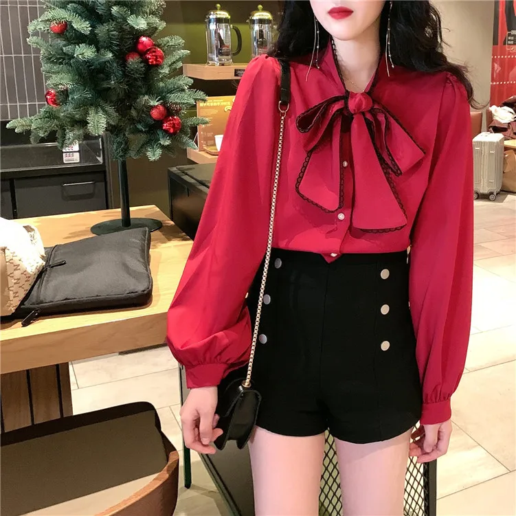 

Women Long Sleeve Shirts White Blouses Vintage Korean 2021 Spring Sweet Bow Loose Ladies Blouse Office Lady Sweet Tops