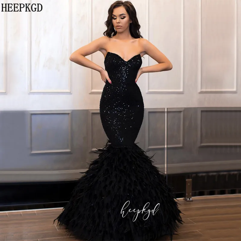 

Блестящее черное вечернее платье-Русалка Дубай с перьями длинные официальные платья до пола с сердечком 2020 вечернее платье на заказ