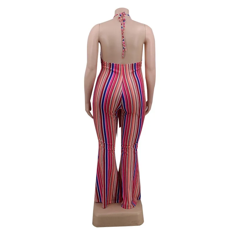 Pink Striped Jumpsuits 4xl 5xl Plus Size Halter Backless With Sashes Long Sexy Elegant For Evening Party Night Club Rompers New