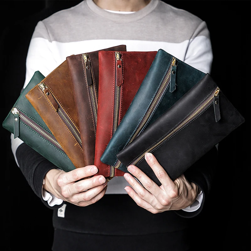 100% Nature Genuine Leather Retro Pen Bag Vantage Big Capacity Cowhide Zipper Pencil Case Holder Office School Supplies Gift | Канцтовары