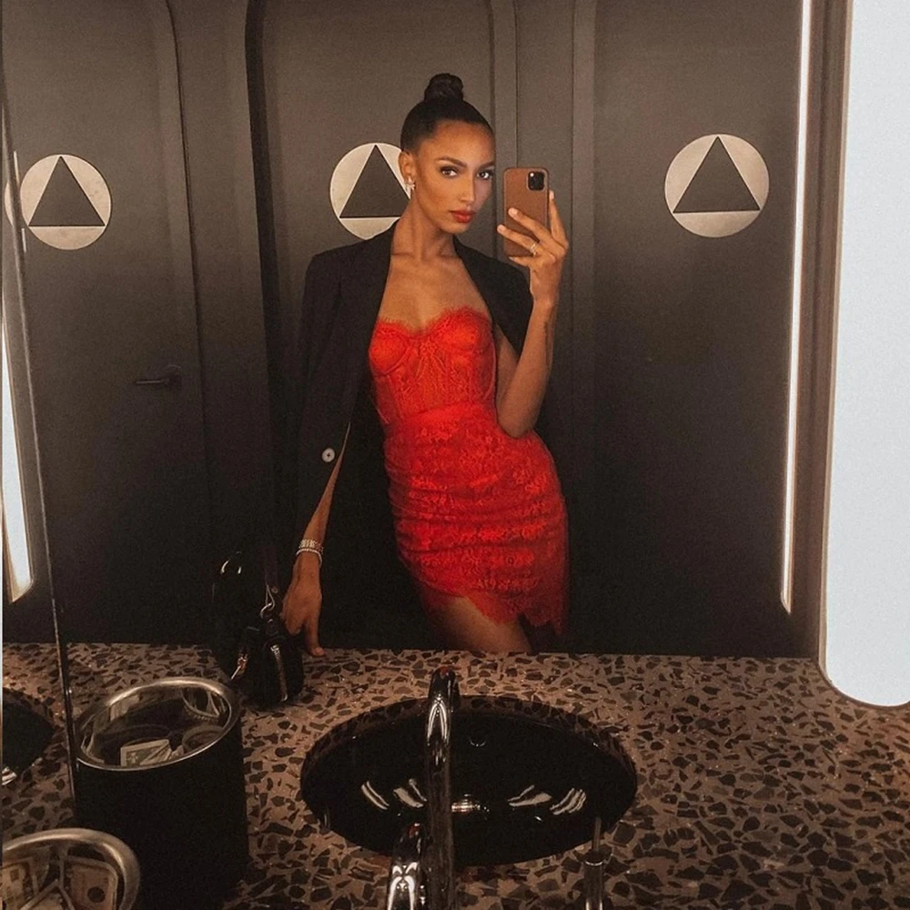 

New Arrival 2020 Red Lace Bandage Dress Strapless Bodycon Mini Club Backless Fashion Party Sexy Women Vestidos Wholesale