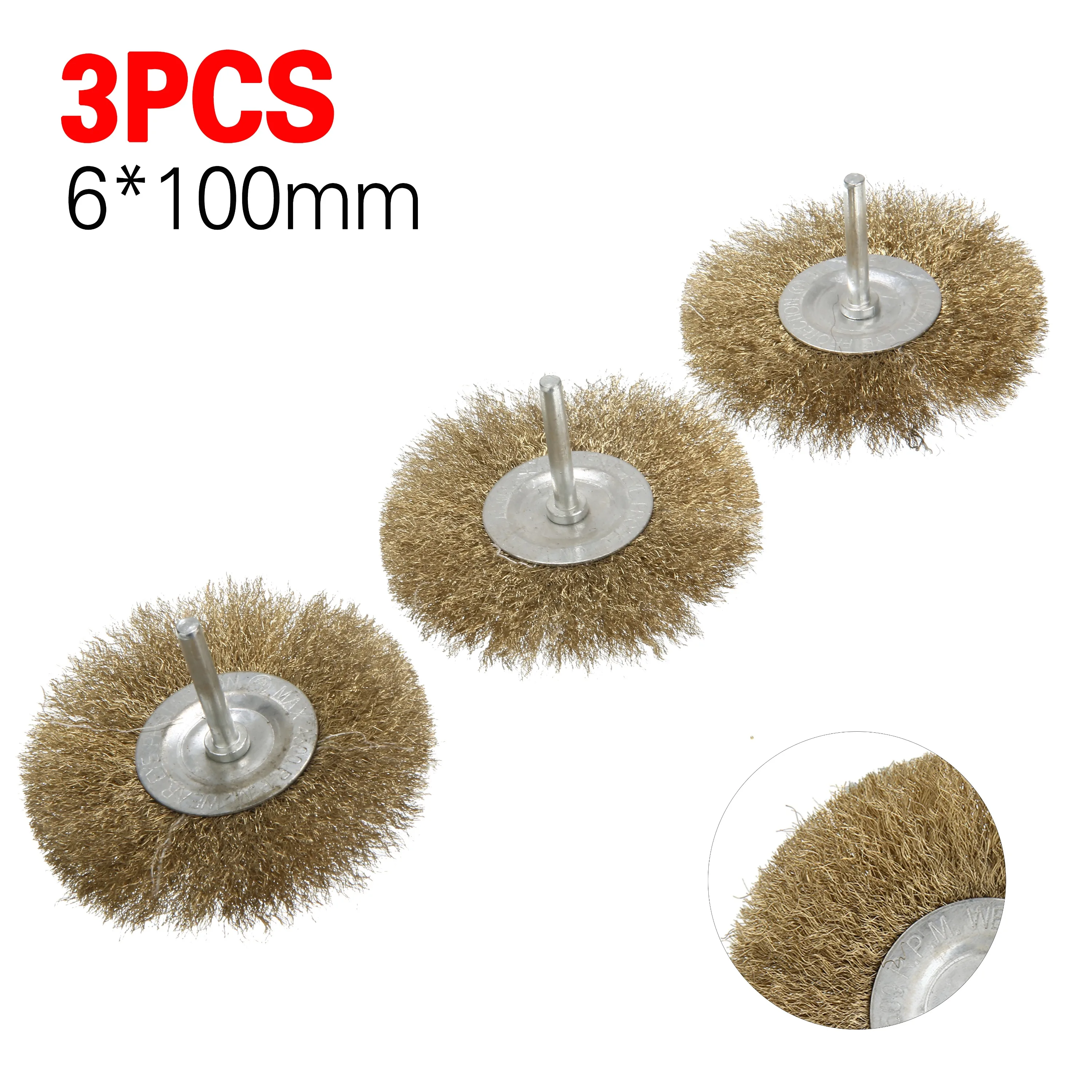 

3PCs Brass Steel Wire Brush 100mm Brass Steel Wire Wheel Flat Cup Brush Shank Metal Surface Cleaning Drills Grind Rust Removal